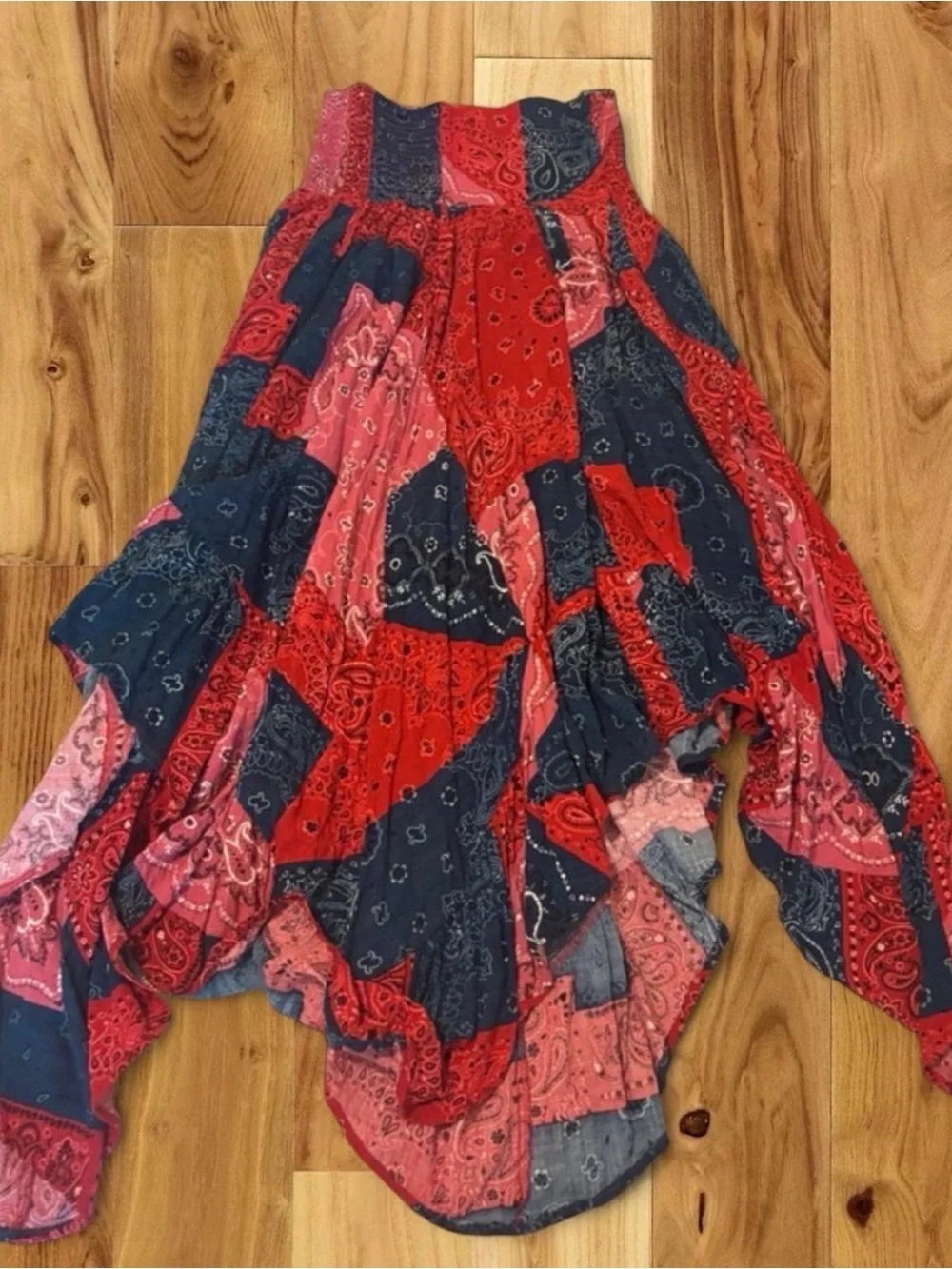 NATURAL LIFE Red, Navy & Pink Patchwork High-Low Boho Skirt